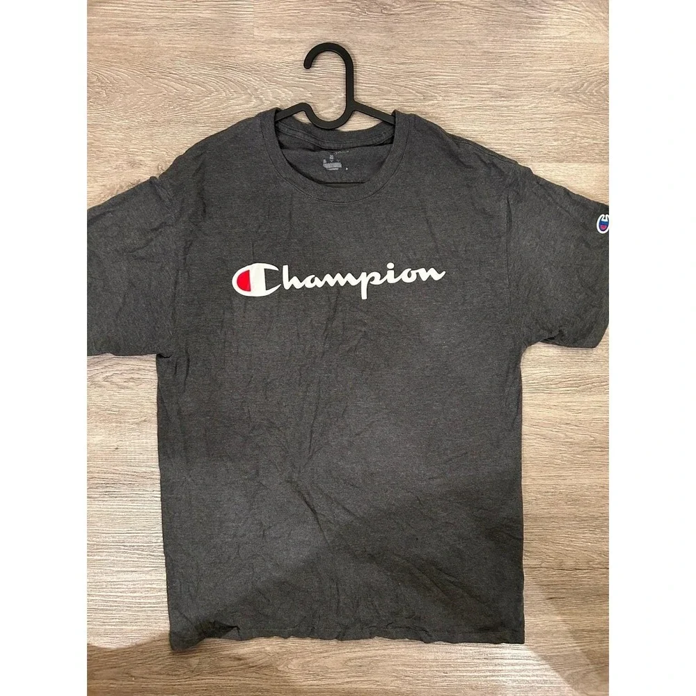 Champion Graphic T-Shirt‎ Mens Medium Charcoal Grey Excellent Script Logo Tee